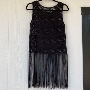 Lightweight Sheer Lace Fringe Black Top size M